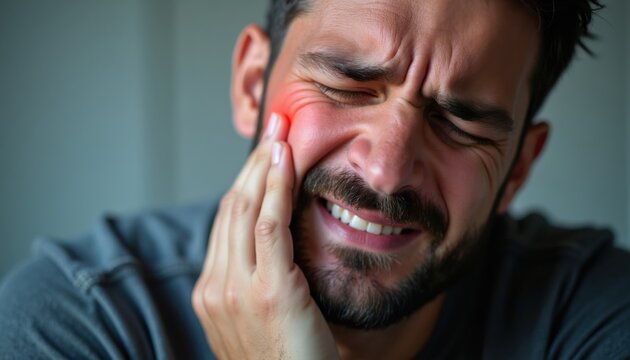 Man experiencing sharp facial pain touching his jaw area. Red highlight indicates discomfort, possibly from a dental issue or toothache. He grimaces with closed eyes in evident distress and suffering.