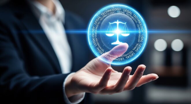 Businessman holding digital scale icon representing law and justice