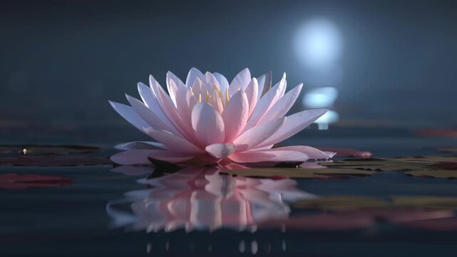 Pink Lotus Flower Floating on Calm Water at Night Under Moonlight