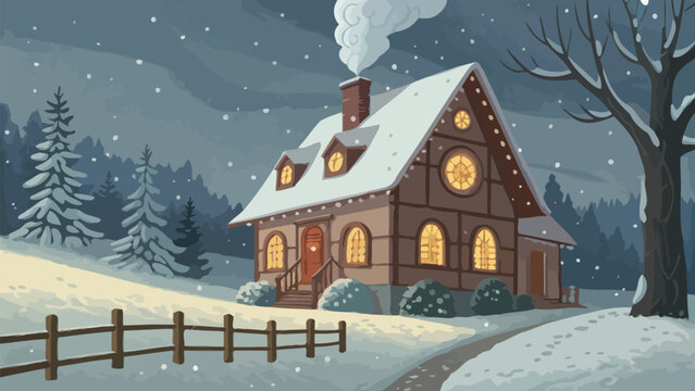 Cozy holiday lodge surrounded by snow with whimsical lights on a winter night
