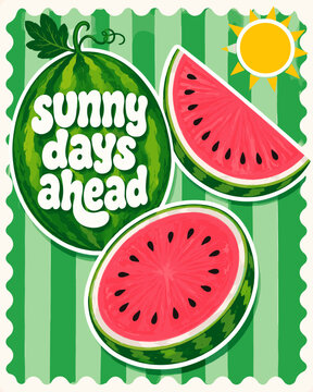 Fresh watermelon summer vector featuring retro fruit illustrations, cheerful typography, sunny picnic vibes, and playful seasonal aesthetics. Great for summer t-shirts, tote bags, stickers, kitchen de