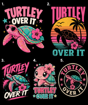 Funny summer turtle vector collection featuring retro beach aesthetics, neon tropical colors, kawaii turtle characters, and sarcastic summer quotes. Perfect for beach shirts, vacation stickers, trendy