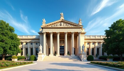 Obraz premium Grand neoclassical building with columns, statues under bright blue sky. Ornate stone architecture features symmetrical facade, large entrance, detailed sculptures. Trees, manicured gardens surround