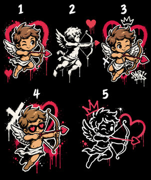 Edgy cupid graffiti vector set featuring urban spray paint hearts, cute angel characters, dripping street art elements, and modern Valentine aesthetics. Perfect for trendy Valentine shirts, stickers, 