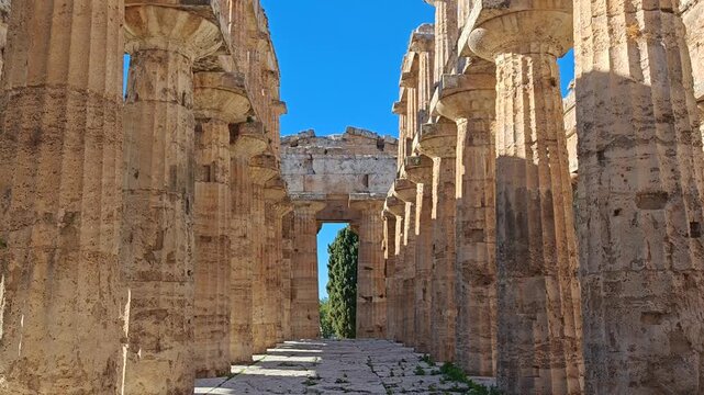 The ancient Greek temple of Hera in Paestum, Italy. Famous archaeological site of Paestum, Magna Graecia, ancient ruins.