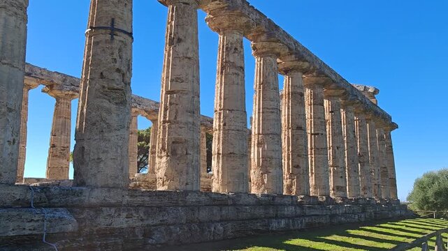 The ancient Greek temple of Hera in Paestum, Italy. Famous archaeological site of Paestum, Magna Graecia, ancient ruins.