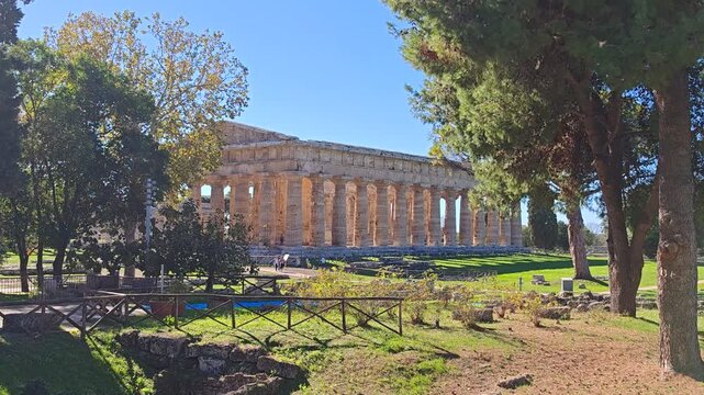 The ancient Greek temple of Hera in Paestum, Italy. Famous archaeological site of Paestum, Magna Graecia, ancient ruins.