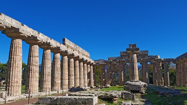 The ancient Greek temple of Hera in Paestum, Italy. Famous archaeological site of Paestum, Magna Graecia, ancient ruins.
