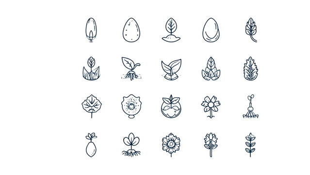 Plant growth icon set &ndash; outline style nature and gardening symbols: seed, seedling, bud, sprout, leaf, root, flower, stem