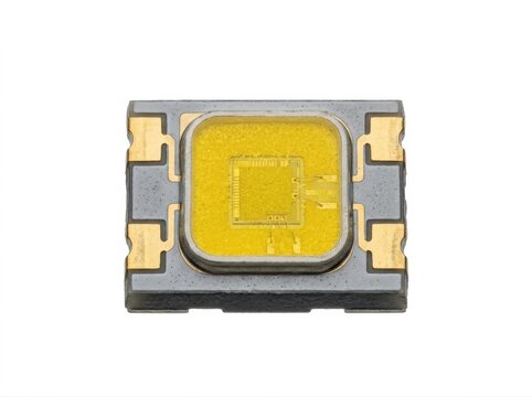Small yellow l e d chip with gold contacts and grey frame