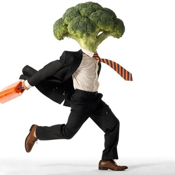 Man in suit with broccoli head running with a carrot eat well white background broccoli business vegetable