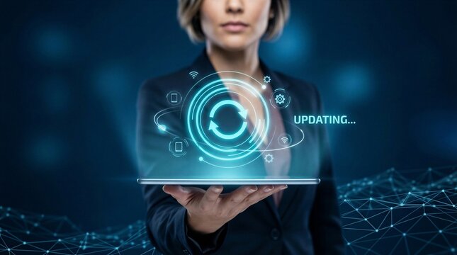 Businesswoman holds a tablet displaying a glowing blue holographic interface showing system updates and digital technology concepts in a modern corporate setting.