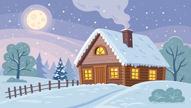 Cozy winter hut with snow covered roof and warm lights on a snowy night with full moon
