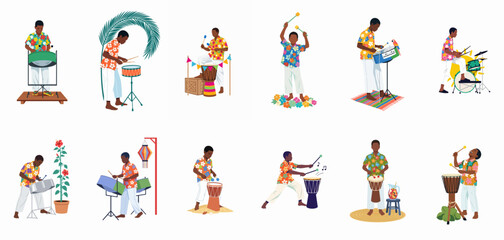 Fototapeta premium Set of flat vector illustrations featuring Caribbean musicians playing steel drums, djembe, and percussion in colorful tropical shirts on white background.
