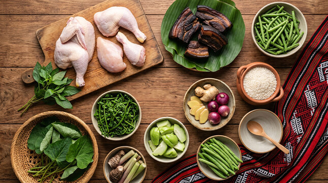Traditional highland cooking ingredients arranged on a rustic wooden table.