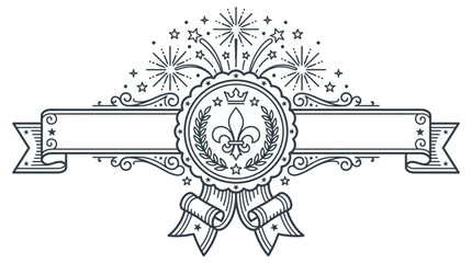 Vintage heraldic emblem with fleur de lis and festive fireworks banner. © sumi ari