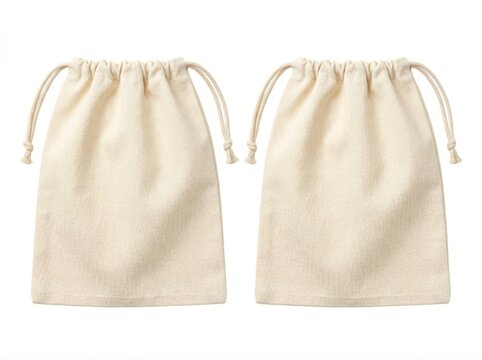 Two beige drawstring fabric bags with string closures on white background