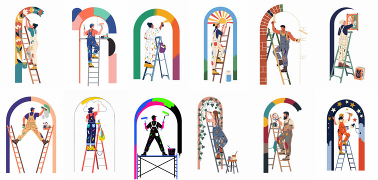 Flat illustration set of diverse people painting, decorating, and building colorful arches on ladders and scaffolding, showcasing creativity and manual work.