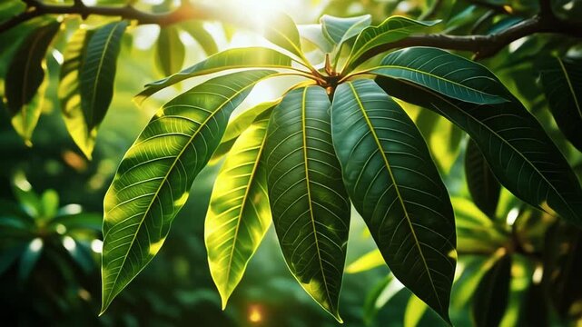 Tropical green leaves glowing under cinematic sunlight, realistic botanical texture, soft natural shadows, rainforest atmosphere, environmental freshness concept, ultra detailed 4K nature footage.