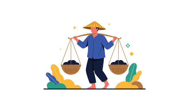 Traditional farmer wearing a conical hat and carrying two baskets balanced on a shoulder pole in a colorful field.