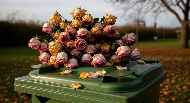 wilted roses on green trash can