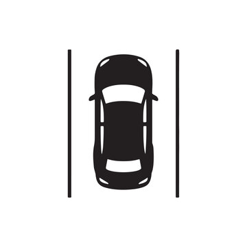 Simple black silhouette of a car centered between two white lines on a clean background representing parking guidance
