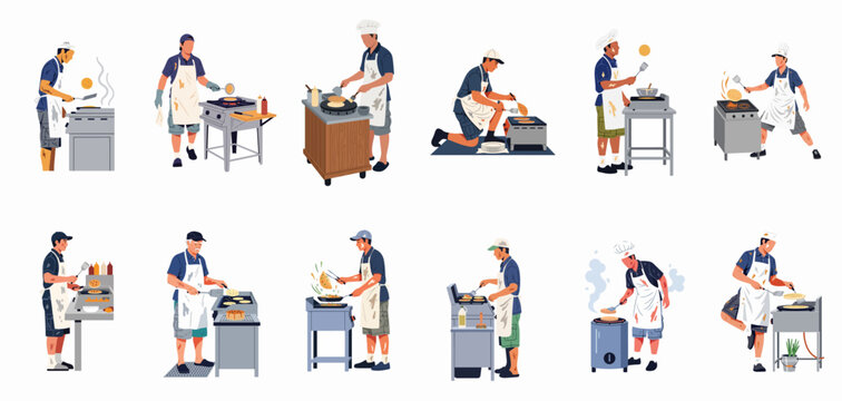 Set of Various Male Chefs in Dirty Aprons Cooking Pancakes and Flatbreads on Griddles, Vector Illustration Collection Isolated on White Background