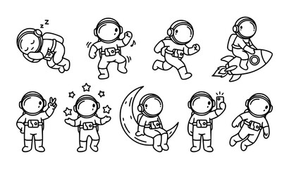 Cute astronaut man outline vector set with fun spaceman poses isolated on white © Hazara