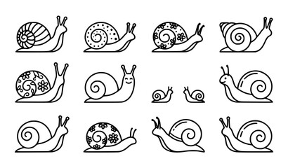 Adorable snail outline vector set with decorative spiral shell animal illustrations © Hazara