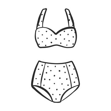 Hand drawn polka dot bikini set in minimal line style. Cute patterned swimwear isolated on soft background. Perfect for summer fashion graphics and beach design.