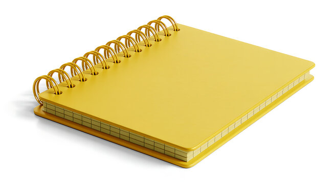 Yellow 3D Spiral Notebook Mockup with Grid Paper Isolated on White Background