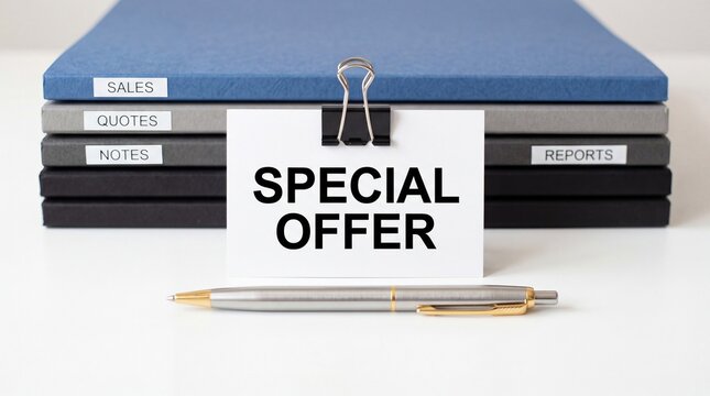 A stack of office folders with a special offer note and pen on a white background