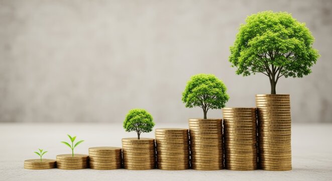 Growing trees on top of increasing stacks of gold coins representing financial growth and investment