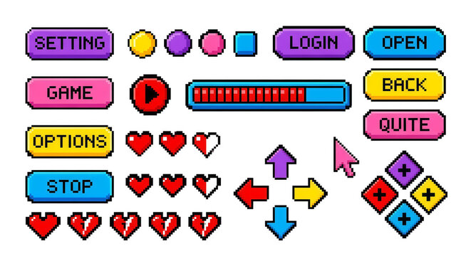 Pixel art game interface buttons and icons set isolated transparent