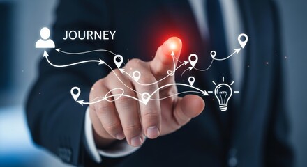 Obraz premium Businessman interacting with digital journey map on touchscreen