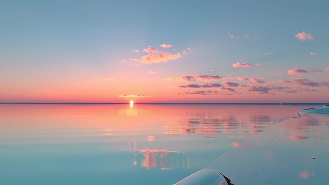 Serene ocean sunset with soft pink clouds reflecting on calm water surface