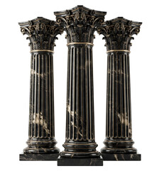 Fototapeta premium Set of Three Luxury Black Marble Corinthian Columns with Gold Veins Isolated on White