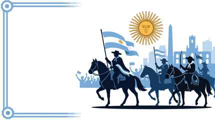 Fototapeta premium Silhouette of Argentine soldiers on horseback with national flags.