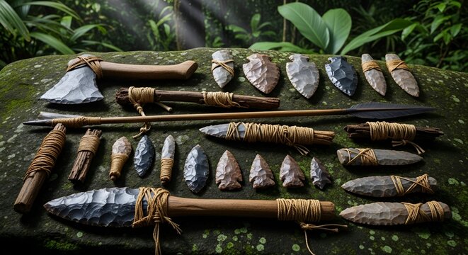 Set of ancient stone tools and weapons arranged on a dark natural rock surface.