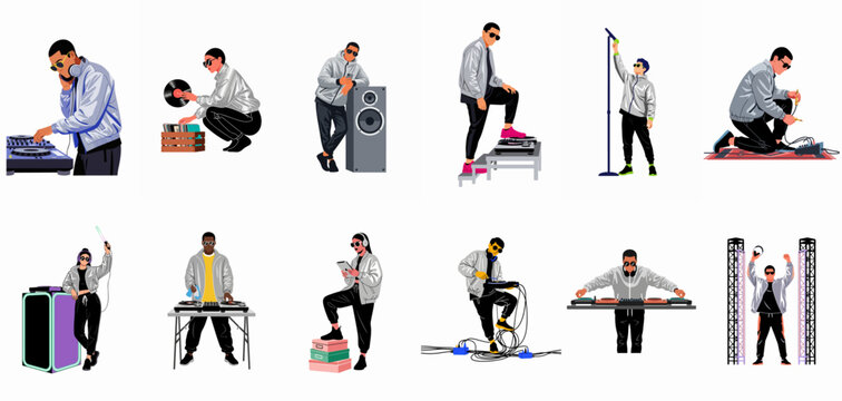 A comprehensive collection of vector illustrations featuring male and female DJs and music performers in silver jackets engaging in various music-related activities.