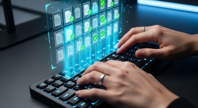 business professional typing on futuristic digital keyboard with financial data hologram