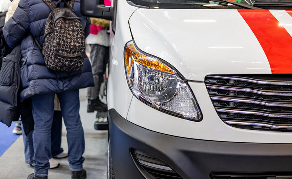 Headlights of an ambulance. Modern optics of service vehicles.