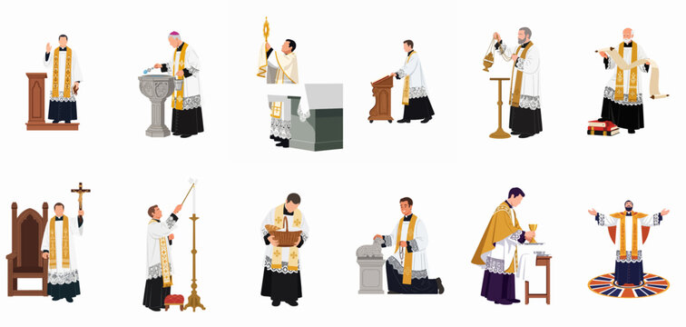 A comprehensive collection of flat vector illustrations featuring Catholic priests performing various religious ceremonies, liturgical rituals, and traditional duties on a white background.