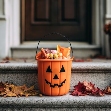 S&uuml;&szlig;es-oder-Saures-Eimer voller S&uuml;&szlig;igkeiten auf T&uuml;rschwelle mit Herbstlaub