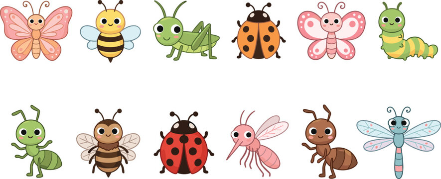 Cute Insect and Bug Icon Set with Butterflies, Bees, Ladybugs, and Ants for Kids, Nature, and Fun Designs