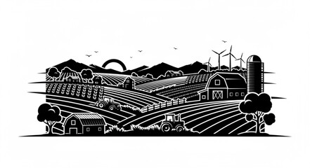 Rural farm landscape with fields barns and tractors at sunset. © Lio