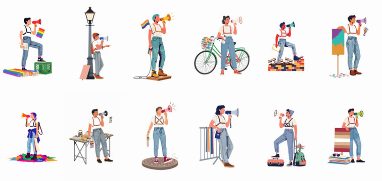 Diverse set of young LGBTQ+ activists using megaphones and pride symbols for social justice and equality advocacy in a flat illustration style.
