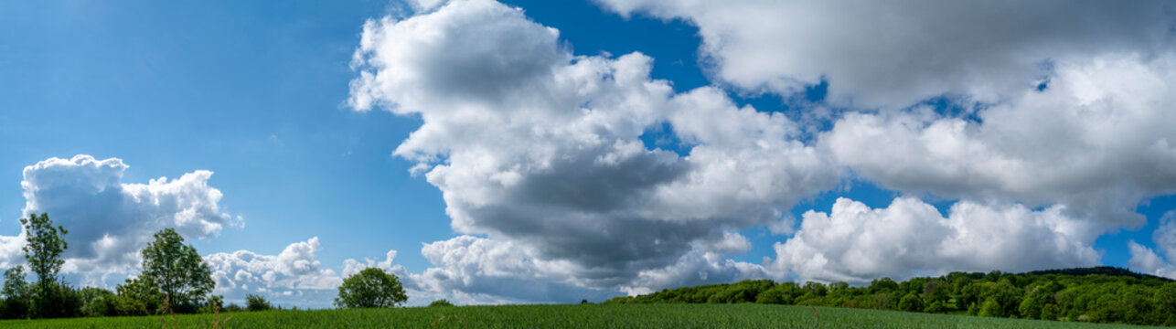 ciel bleu rempli de nuages blanc au dessus des champs, vue panoramique