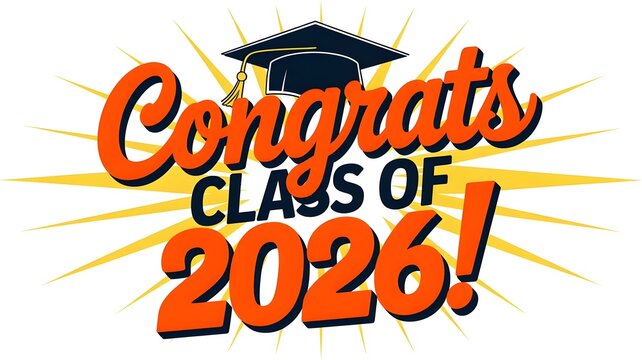 A colorful graphic congratulating the class of 2026 with a graduation cap and bright yellow rays.