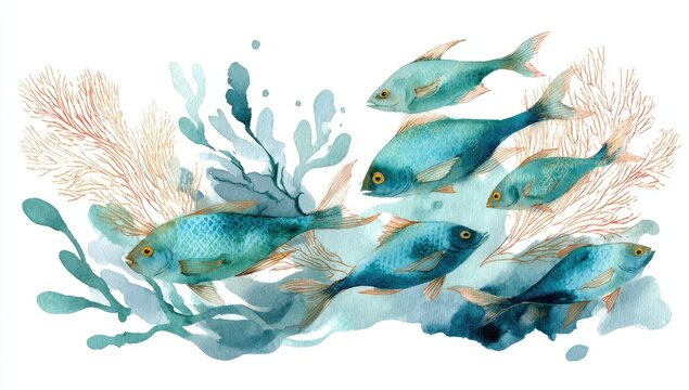Watercolor painting of a school of blue fish swimming among coral